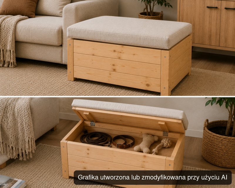 Drewniana pufa-legowisko dla psa ze schowkiem 70 × 50 × 38 cm