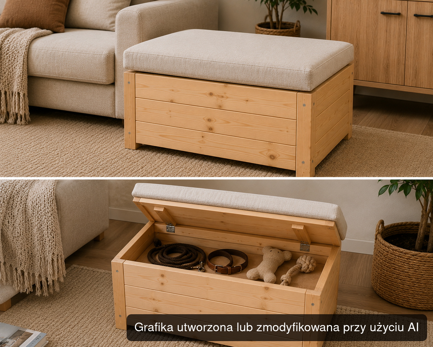 Drewniana pufa-legowisko dla psa ze schowkiem 70 × 50 × 38 cm