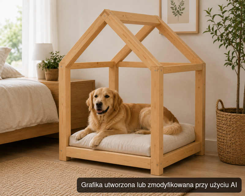 Drewniane łóżko dla psa w kształcie domku M 80 × 55 × 75 cm