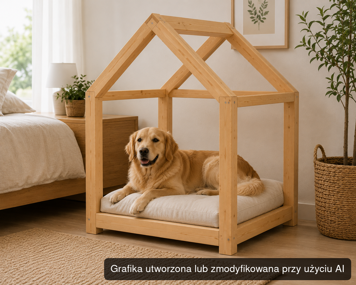 Drewniane łóżko dla psa w kształcie domku M 80 × 55 × 75 cm