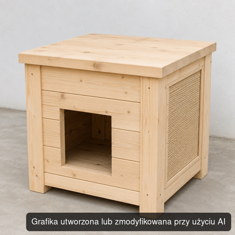 Drewniany domek dla kota z bocznym panelem do drapania 60 × 45 × 60 cm