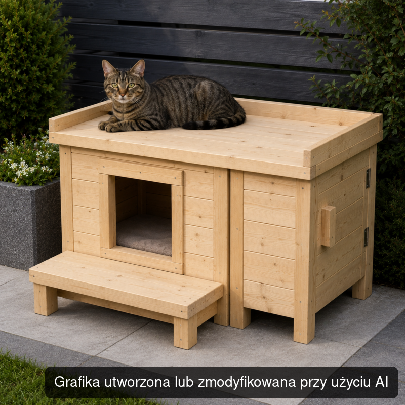 Drewniany domek dla kota ze stopniem i schowkiem 75 × 45 × 65 cm